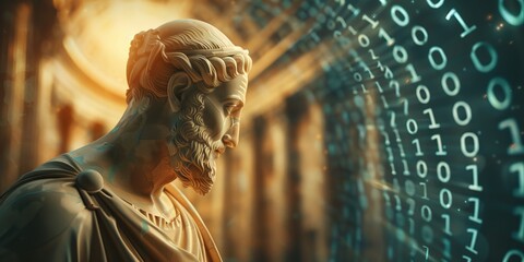 A contemplative statue of a Greek philosopher amidst a backdrop of digital binary code, symbolizing the fusion of ancient wisdom and modern technology.