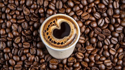 Fototapeta premium Coffee with Latte Art and Coffee Beans Top View Isolated on coffee bean Background