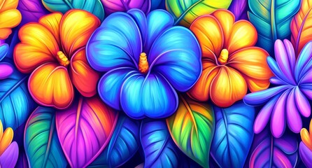 A stock photo featuring a seamless background of green tropical leaves and flowers, perfect for summer-themed designs.