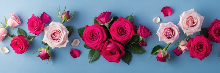Bouquet of pink and white roses is arranged in a row on a blue background