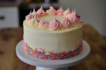 Funfetti Cake: Vanilla cake with sprinkles baked in, topped with funfetti frosting and additional sprinkles for a playful touch.high quailty image