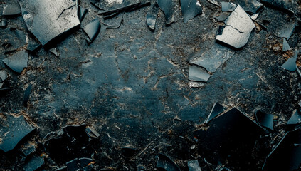 Top View of a Silver Metal Surface with Scattered Scrap and Broken Pieces, Dark Background