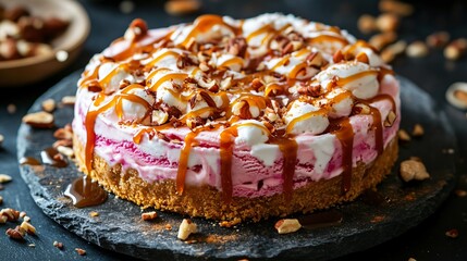 Close up of a colorful ice cream pie drizzled with caramel sauce, surrounded by scattered nuts on a rustic stone countertop