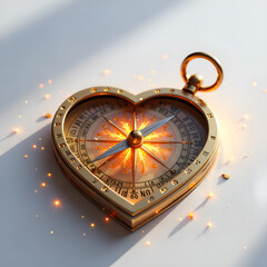 A heart shaped compass radiating light, symbolizing love and guidance in a whimsical setting, 3d rendering of symbolism concept.