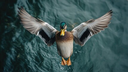 Male mallard duck landing on water.