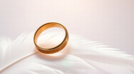 Gold ring is on top of a white feather