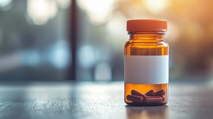 Amber bottle with red capsules and blank label on wooden table.