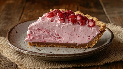 Ice cream pie slice with a graham cracker crust and strawberry topping, displayed on a weathered ceramic plate with rustic burlap cloth