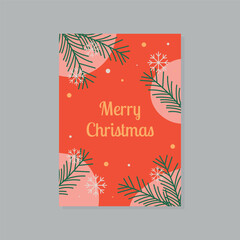 Christmas and Happy New Year greeting card design template with leaves and snowflake