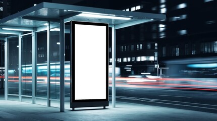 Large white billboard sits on a city street at night