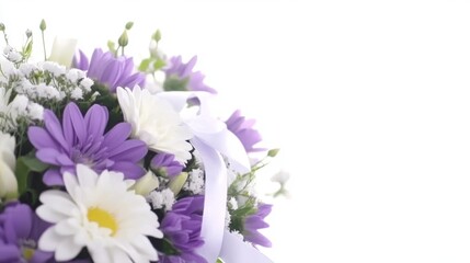 Perfect for funeral or memorial services, this arrangement features purple and white chrysanthemum flowers on a white background, chrysanthemums, flowers