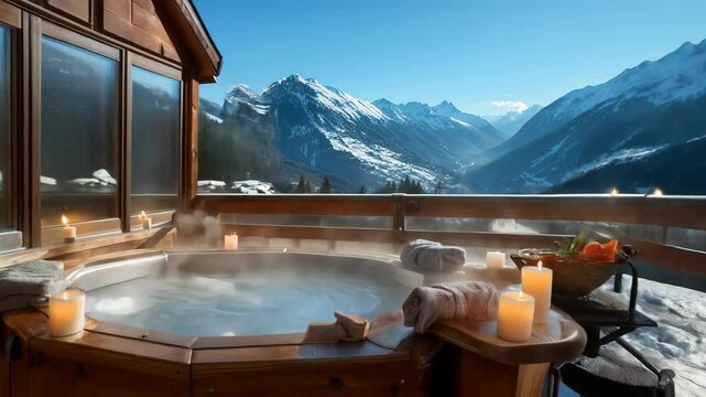 Wooden hot tub sits on a balcony, steaming against a backdrop of snowy mountains. Folded towels, lit candles, and bath salts create a cozy, inviting atmosphere for relaxation
