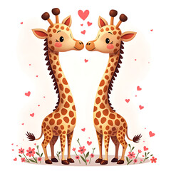 Obraz premium Adorable cartoon giraffes in love surrounded by hearts and flowers, digital art of character design concept.