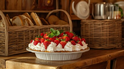 Ice cream pie with fresh strawberries and mint leaves, rustic ambiance with woven baskets and an old breadbox