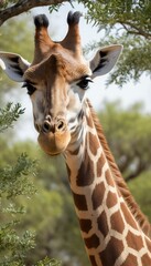 Fototapeta premium A giraffe captured in beautiful detail as it grazes on vibrant green foliage, its long neck and unique spotted coat highlighted by soft natural light in a lush environment