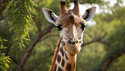 Obraz premium An intimate portrait of a giraffe nibbling on leaves, showcasing its large eyes, detailed fur, and elegant features, set against a peaceful and softly blurred African savanna backdrop