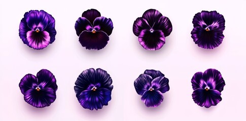 Naklejka premium Watercolor-style illustrations of viola and pansy flowers, constructed as a clipart set on a transparent background. Suitable for wedding invitations, postcards, scrapbooking, and greeting cards.