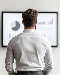 Businessman analyzing financial data presented on a screen in an office environment.