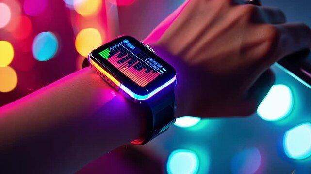 This Bright neon lights create a lively atmosphere while the watch tracks health metrics.
