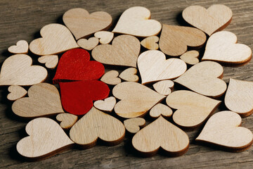 wooden hearts background close up