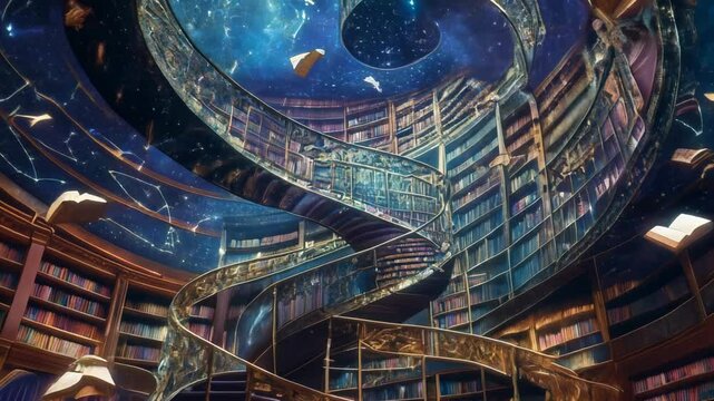Books are flying around a spiral staircase inside a magical library. The ceiling is a starry night sky. This is a perfect concept for fantasy, imagination, and literature
