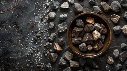Bowl of small rocks on a textured dark background