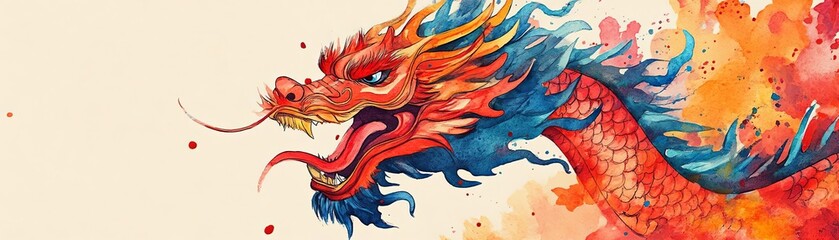 Vibrant watercolor illustration of a mythical dragon with colorful features.