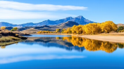 Majestic autumn landscape with golden trees and a serene blue lake reflecting the mountains at dusk