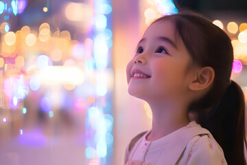 Child girl smiling looking at shop window Christmas light in shopping centerhigh quailty image