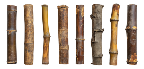 A collection of aged bamboo sticks with a natural worn appearance, perfect for eco-themed designs. Transparent PNG.