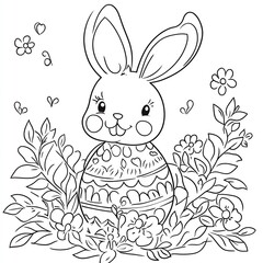 A charming Easter-themed coloring page featuring eggs, bunnies, and spring flowers, perfect for kids and creative relaxation.

