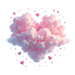 Fototapeta premium Fluffy pink clouds forming a heart with surrounding hearts in a dreamy sky, digital art of fantasy concept.