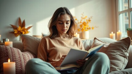 Woman is sitting on a couch reading a book