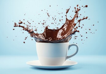 A coffee cup with liquid chocolate splashing out of it, isolated on a blue background