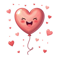 Whimsical heart balloon with smiling face surrounded by floating hearts for cheerful celebrations, digital art of character design concept.