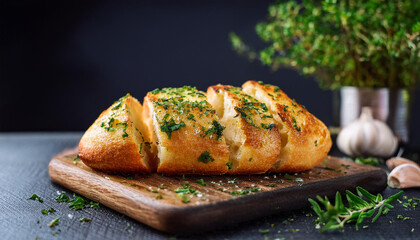 Freshly baked garlic bread with herbs on wooden board. Tasty snack. Delicious food. Close-up.