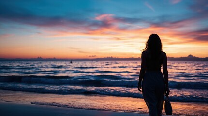 Fototapeta premium Woman is walking on the beach at sunset