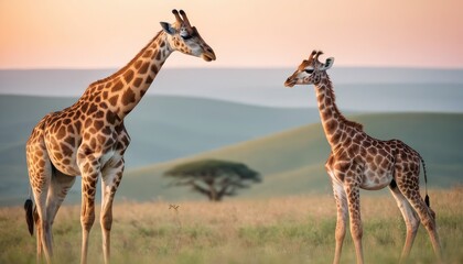 Fototapeta premium A tender moment between a mother giraffe and her young calf in the serene savanna, with soft morning light casting a golden glow over the vast African landscape
