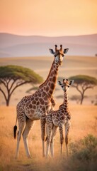 Obraz premium A beautiful adult giraffe and its calf standing in the golden African savanna at sunrise, surrounded by tall grasses and distant acacia trees under a warm, glowing sky