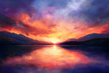 Fototapeta premium A vibrant sunset over a tranquil lake with reflectionshigh quailty image