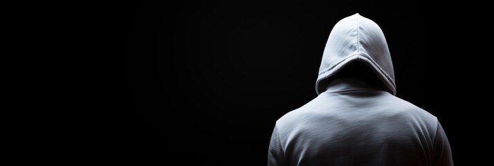 A person in a white hoodie stands against a dark background, creating an air of mystery and intrigue.