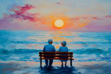 a painting of a couple sitting on a bench at the beach, old couple enjoying sunset at the beach.illustration