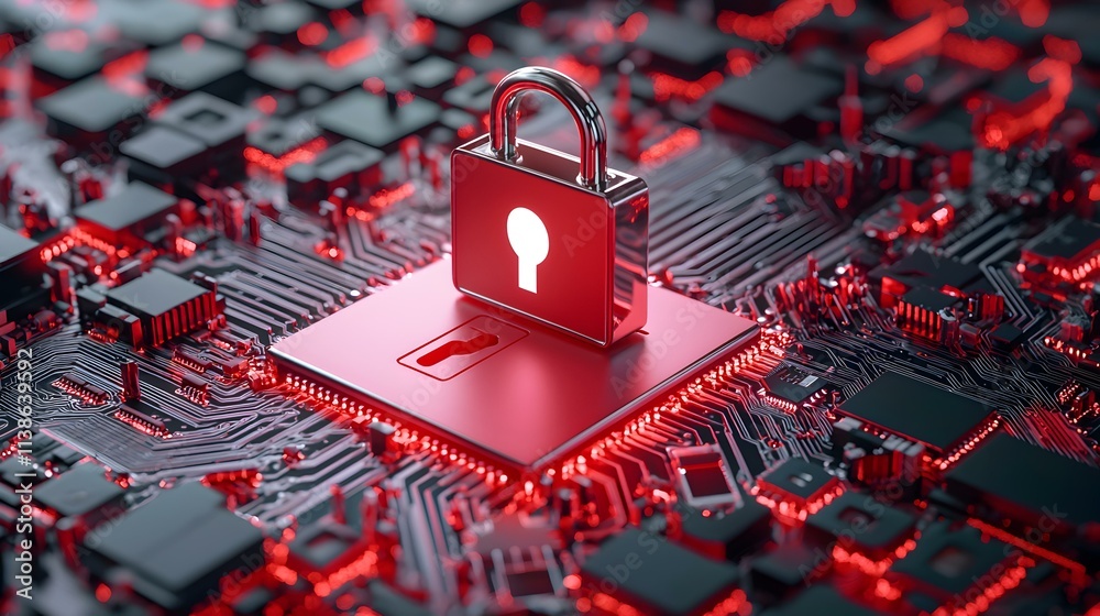Poster 3d ransomware concept with secure padlock on cyber security circuit board background