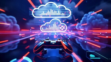 Cloud gaming service concept showing a gamepad connecting to a cloud server with futuristic technology and colorful lights - Powered by Adobe