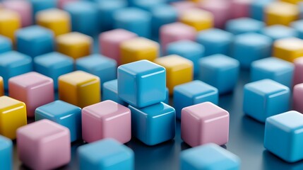 Obraz premium Colorful 3D Rendered Small Cubes in Various Colors Arranged on a Dark Surface