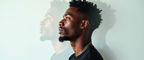 Profile view of a young man with a stylish look and creative overlapping visual effect, exemplifying artistic photography techniques and character expression in a minimalist light-filled studio settin