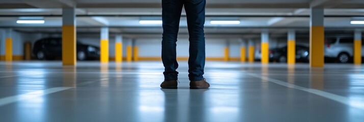 Fototapeta premium A lone person stands in an expansive empty parking garage, invoking a feeling of isolation and stillness.
