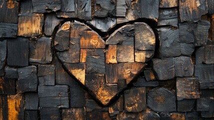 Charred wood blocks form heart shape.