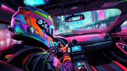Driver wearing a colorful helmet navigates a futuristic car through a vibrant cyberpunk city at night, illuminated by neon lights and showcasing a thrilling urban landscape