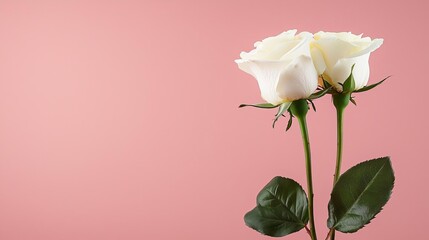 Fototapeta premium Valentine pattern roses seasonal concept. Two white roses against a soft pink background.